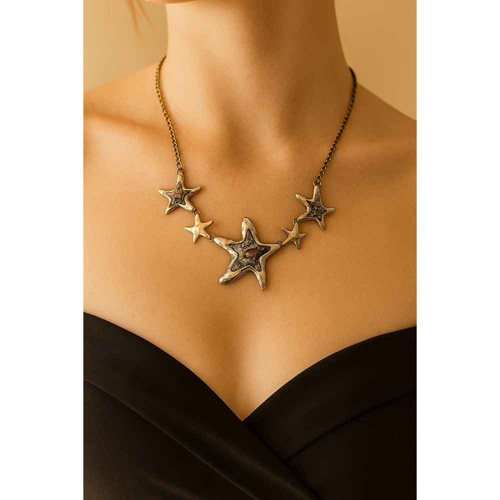 🌊 Starfish Statement Necklace – Iridescent Shell‎ Inlay on Gold Chain – Coastal
